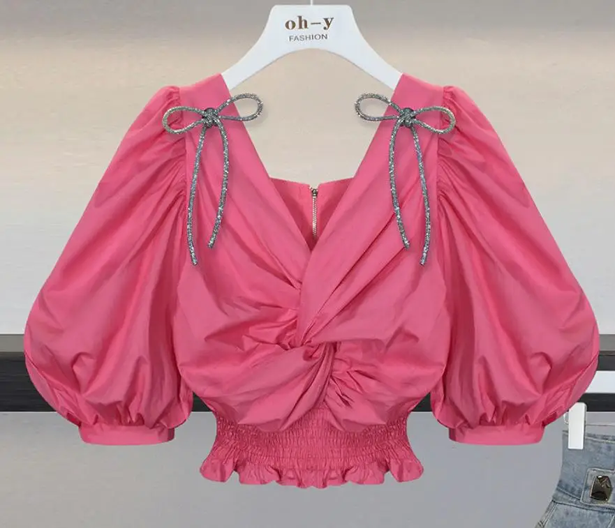 

Blusas Mujer De Moda 2020 Summer New Rhinestone Bow Shoulder Sexy V-neck High Waist Puff Sleeve Shirt Blouse Ladies Tops G1900