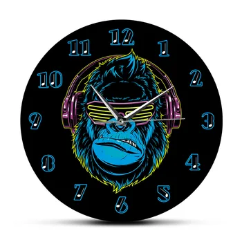

Funny Gorilla Listening To Music On Headphones Modern Wall Clock Silent Non-ticking Living Room Wall Watch Stylish DJ Home Decor