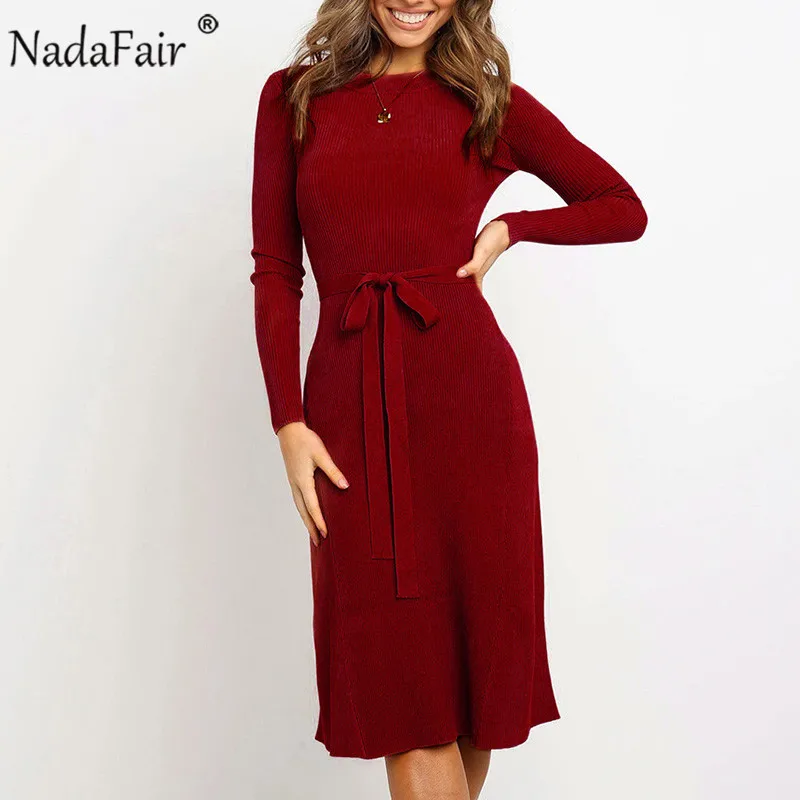 Nadafair осеннее повседневное однотонное трикотажное платье-туника с длинным рукавом, зимний пояс на шнуровке, облегающее элегантное платье-свитер миди для женщин