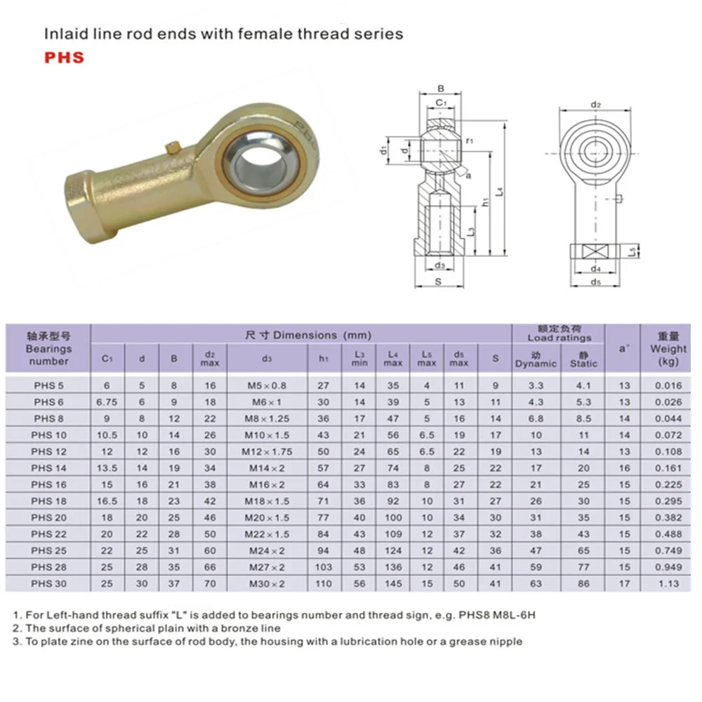 1PCS PHS8 M8 8mm hole 5mm to 14mm metric fish eye Rod Ends bearing female thread ball joint  right hand