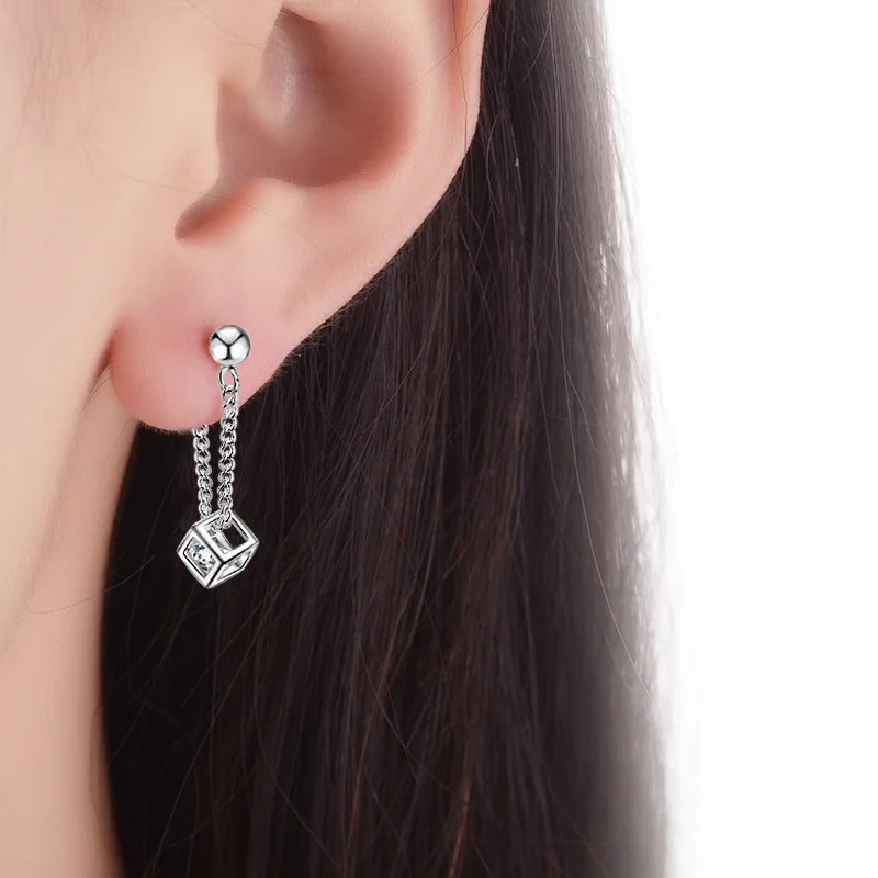 Simple Elegant 925 Sterling Silver Cube Love Window Zircon Tassel Sugar Drop Earrings For Women brincos oorbellen Best Gift