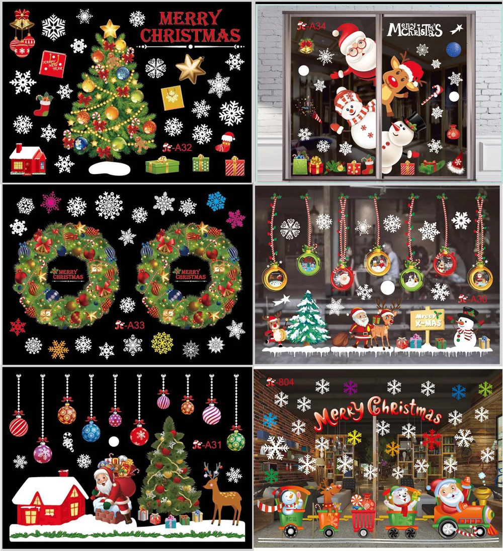 

Navidad New Year Christmas Decorations for Home Christmas Hanging Snowman ChristmasTree Train Elk Snowflake Removable Stickers