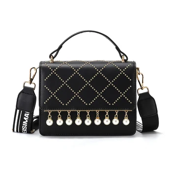 

Fashion embroidery thread pearl handbag female 2020 spring new wild fairy diamond small square bag shoulder messenger bag