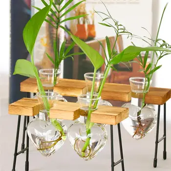 

Hydroponic Flower Vase Desktop Glass Planter Heart Shaped Wooden Frame Hydroponic Container (Bench Heart with Three Vases)