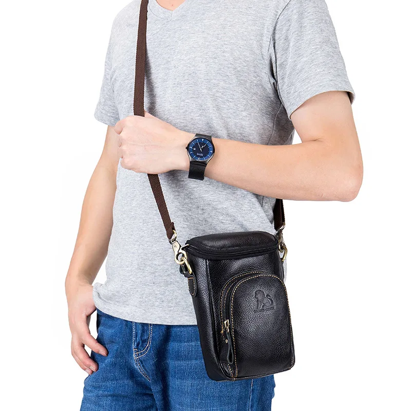 LAOSHIZI Brand Genuine Leather 7' Cell Phone Wallet Punch Case Men Waist Belt Cross Fanny Pack Men's Shoulder Messenger Bag