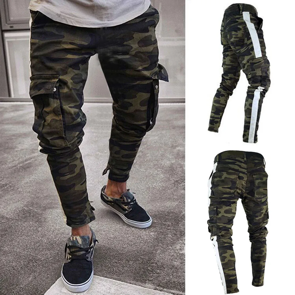 Pantalones vaqueros Cargo para hombre, ropa de calle con ajuste ajustado, Hip-hop, informal, plisado, de camuflaje, ropa deportiva elástica