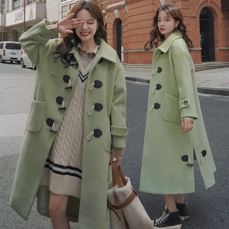 

Horned woolen jacket women 2019 autumn and winter Korean version of the new over-the-knee small woolen coat in the long section