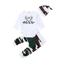 Focusnorm/Модный хлопковый комбинезон для новорожденных мальчиков, топ с длинными рукавами и принтом «маленький человек», штаны, шапка, комплект одежды из 3 предметов