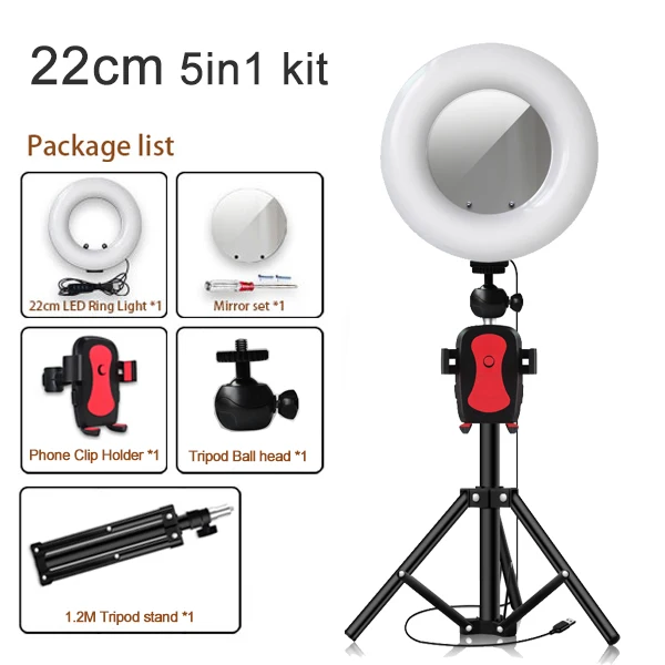 22CM with mirror set Кольцевой светильник 22 см/9 дюймов для фотосъемки светодиодный светильник для селфи ing& Mirror для макияжа видео в реальном времени со штативом и USB штекером Youtube - Цвет: 22CM with mirror set