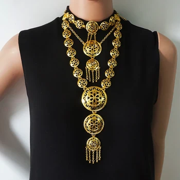 

Fashion Long Necklace Earrings Ring Bracelet Jewelry Set Women Gold Color Afrian Jewelery Sets Wedding Accessories