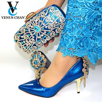 

African Sexy Style Shoes with Matching Bag for Wedding Italan Blue 2020 Shoe and Matching Bag with Shinning Crystal
