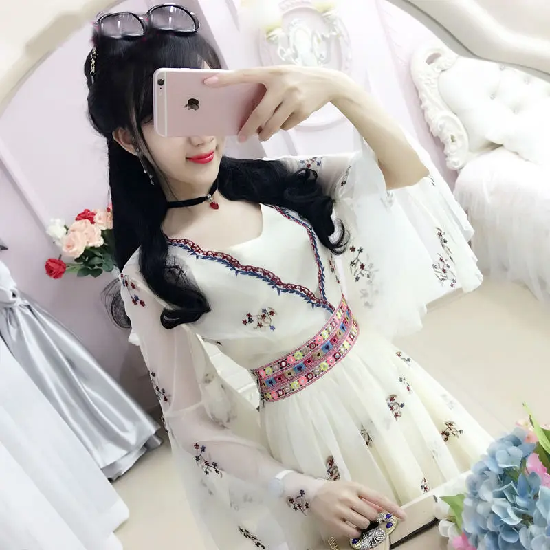 

2023 New Women Chiffon Dress Summer Mesh Heavy Industry Embroidered Female Literature And Art Ethnic Style Trumpet Sleeves