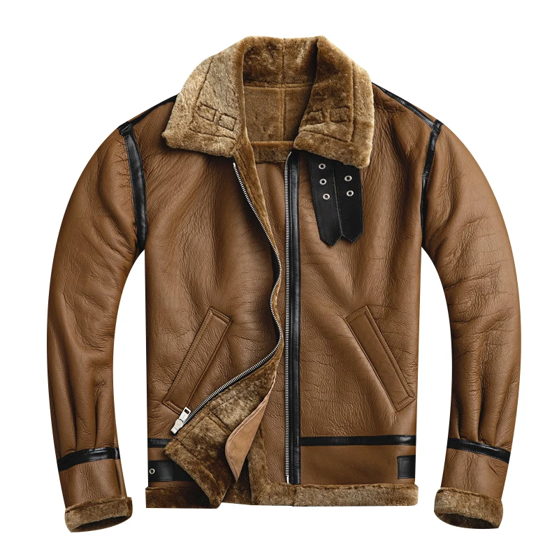 

2020 Brown Men World War II B3 Bomber Jacket Plus Size XXXL Genuine Sheepskin Russian Winter Military Shearling Coat