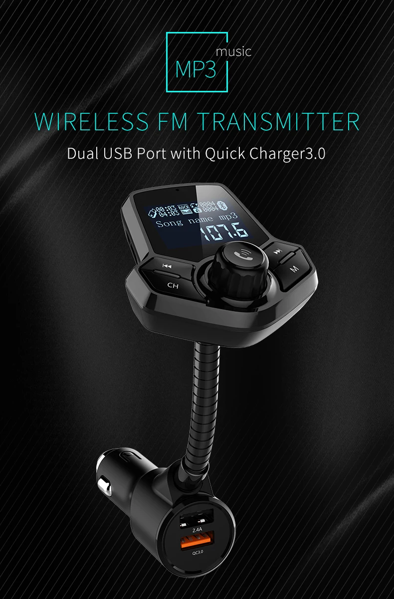 Новейший беспроводной черный Bluetooth fm-передатчик автомобильный комплект MP3 музыкальный плеер QC3.0 2.4A быстрое двойное USB зарядное устройство адаптер питания