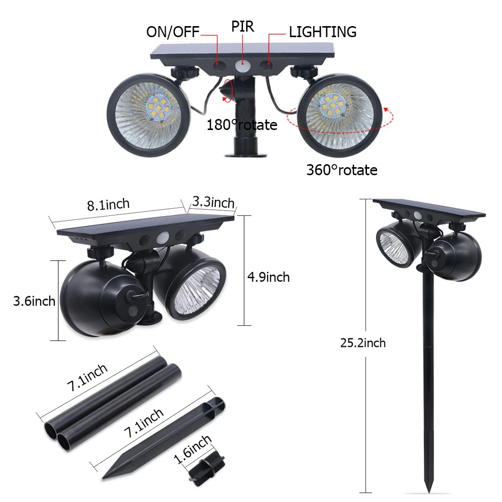 Solar Light Outdoors Solar Power led PIR Motion Sensor Wall Light Double Head Spotlight 360° Adjustable For Yard Garage Lawn