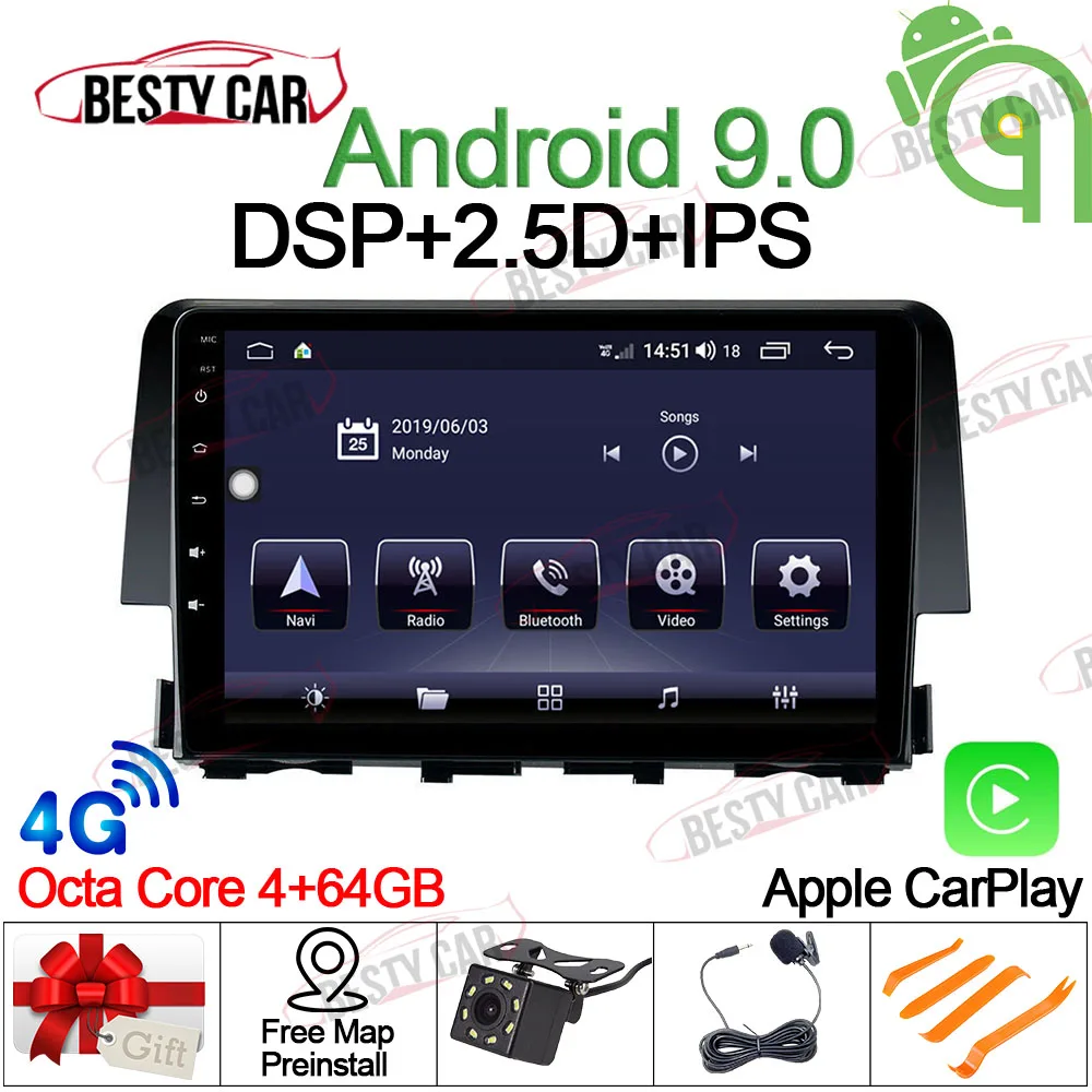 

9" Android 9.0 Octa Core Car Radio GPS Navigation For Honda Civic 2016 Multimedia Player Head Unit Right hand drive HD Touchscreen Stereo with Free Map Backup Camera IPS 2.5D CARPLAY WIFI DSP 4G