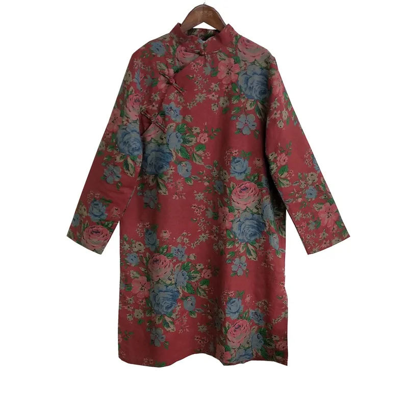 Johnature китайский стиль красные цветочные платья Стенд Винтаж Cheongsam 2020 весна новые