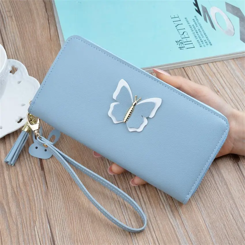 Blue Кошелек с бабочкой, женские длинные кошельки на молнии, Дизайнерские клатчи с кисточками, женские кошельки из искусственной кожи, сумка для денег, кредитный держатель для карт - Цвет: Blue