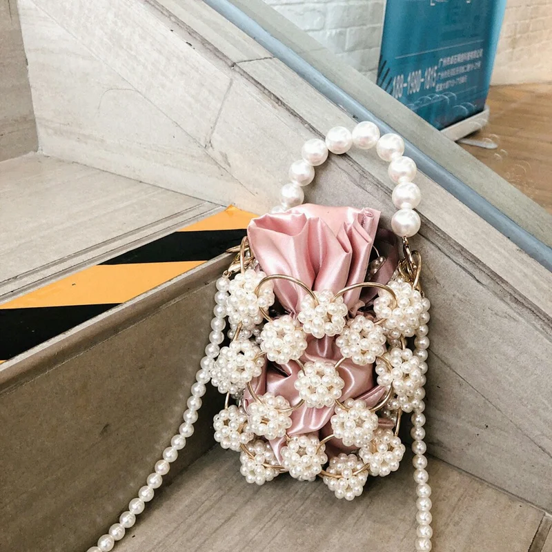 

Woven Pearl Bag in Buckets Ladies Vintage Evening Party Acrylic Beaded Plastic Handbag Knitting