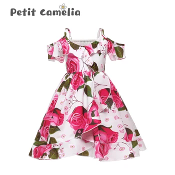 

Children Strap Princess Dress Girl Off-The-Shoulder Chiffon Print Dress Wedding Party Elegant Flower Baby Girls Dress