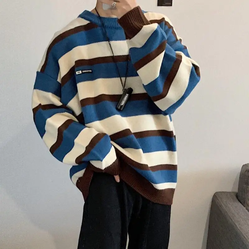 

Hong Kong Style autumn winter color contrast striped sweater loose and versatile sweater student casual T-shirt coat