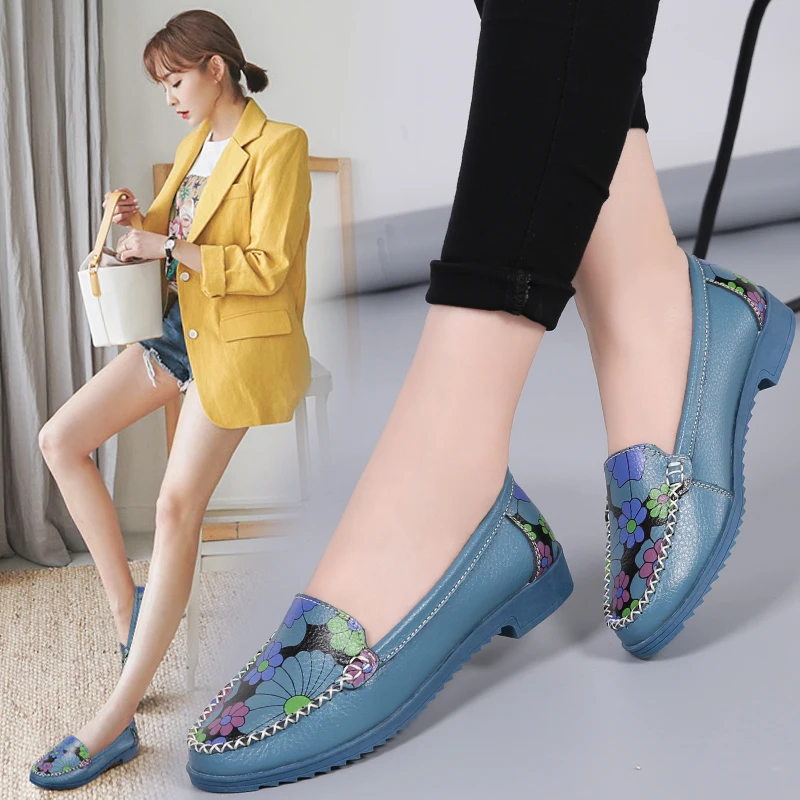 Woman's Flats Shoes spring soft genuine leather slip-on casual women footware shoes ladies loafers comfortable driving shoes