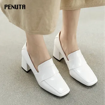 

2020 PENUTA White Pumps Square Toe Ladies Office Shoes Mary Jane High Heel Shoes European Designer Black Heels Size 34-40 G0137
