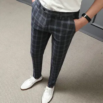 

British Pants Mens Skinny Formal Trousers Spring Grey Plaid Pants Mens Calca Social Trousers Mens Business Pants Office-trousers