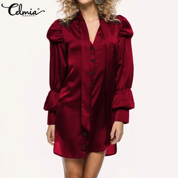 

Celmia Elegant Satin Dress Women Summer Long Lantern Sleeve Sexy Mini Dresses Female V-neck Bow Tie Casual Office Party Vestidos