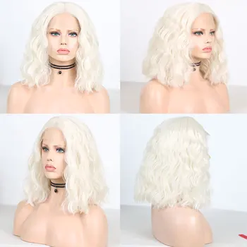 

Bombshell Blonde White Short Water Wave Bob Synthetic 13*3 Lace Front Wigs Heat Resistant Fiber Hair Natural Hairline For Women