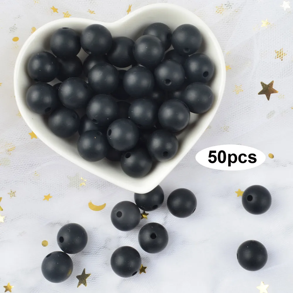 black LOFCA 12 мм 50 шт./лот Силиконовые бусы для прорезывания зубов Ожерелье Детские Прорезыватели игрушки СИЛИКОНОВЫЕ BPA бесплатно жевательные подвески для новорожденных аксессуары для кормления - Цвет: black