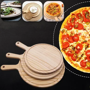 

New Wooden Pizza board Round with Hand Pizza Baking Tray Pizza Stone Cutting Board Platter Pizza Cake Bakeware Tools