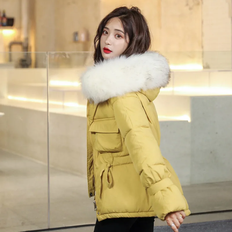 FORERUN пальто с капюшоном и большим мехом, женские зимние куртки с бантом на талии, тонкая модная пуховая куртка, Теплая стеганая парка, Manteau Femme Hiver - Цвет: bubble yellow jacket
