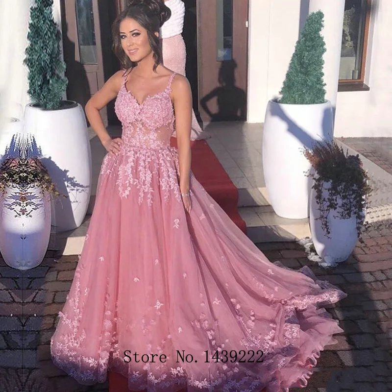Pink Aline Sweetheart Tulle Evening Dresses Prom Lace Appliques Court Train Arabic Vestidos De Fiesta Robe De Soiree Plus