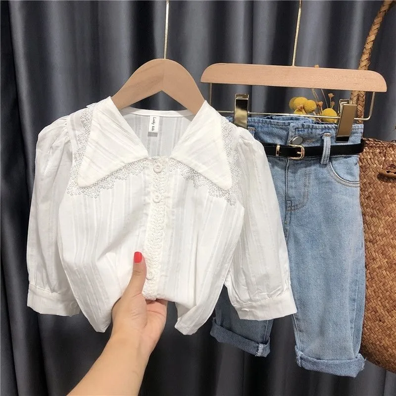 spring kids girls clothes suit children long sleeve shirt+high waist jeans+belt baby girl clothing set Girls lapel lace blouse