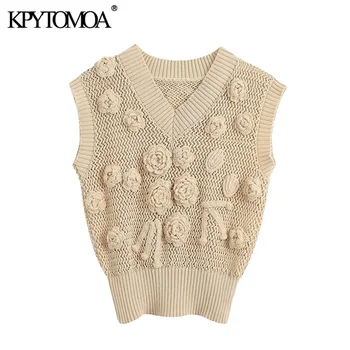 

KPYTOMOA Women 2020 Fashion With Crochet Detail Knitted Vest Sweater Vintage V Neck Ribbed Trims Female Waistcoat Chic Tops