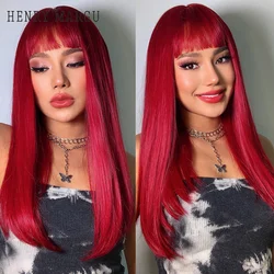 HENRY MARGU Deep Red Colored Synthetic Wig Long Straight Bob Wig for Women with Bangs Cosplay Party Lolita Daily Heat Resistant