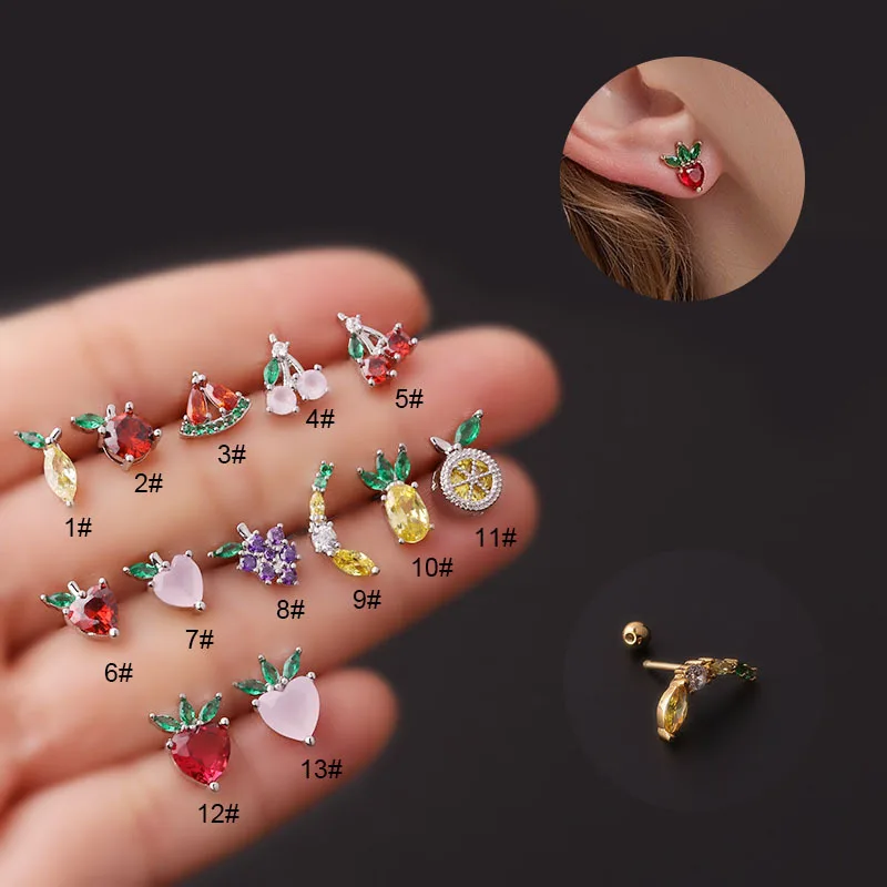 1PC 20G Cute Fruit Cartilage Earrings for Women Zircon Crystal Banana Apple Peach Small Stud Helix Ear Piercing Jewelry | Украшения и