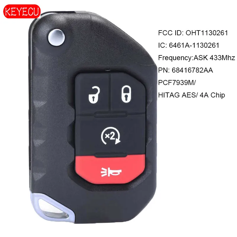 KEYECU 4 кнопочный дистанционный ключ ASK 433 МГц PCF7939M 4A чип для Jeep Wrangler 2018-2019 FCCID: OHT1130261