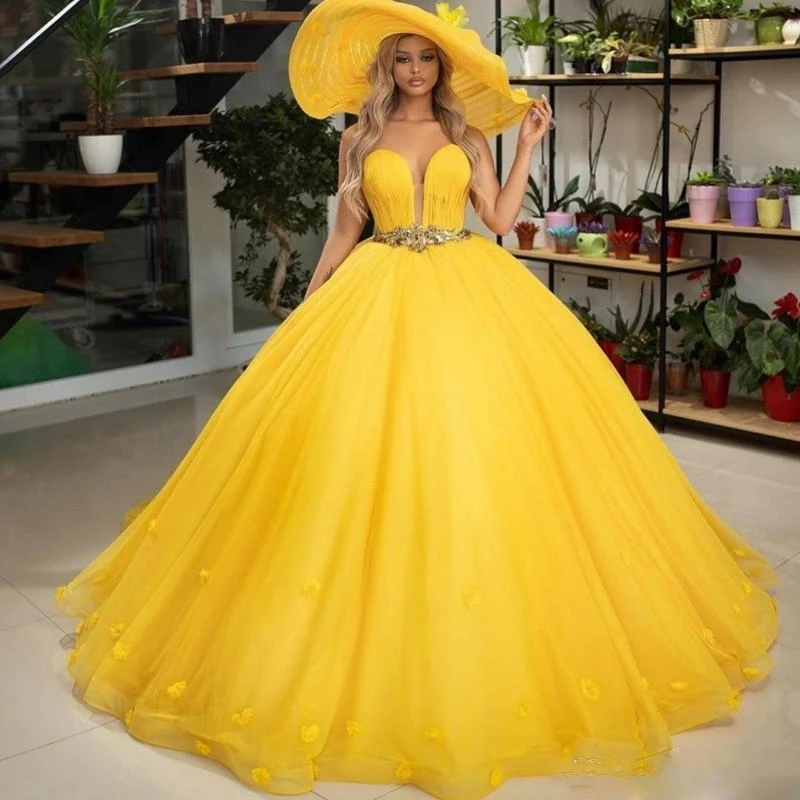 

Yellow Ball Gown Quinceanera Dresses Sweet Heart Lace up Back Sweep Train 3D Floral Appliques Beads Long Formal Prom Party Gowns
