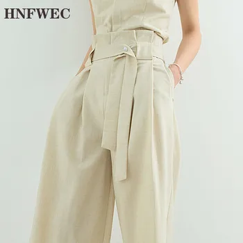 

2019 New Spring Summer High Waist Beige Loose Long Waist Bandage Wide Leg Pants Women Trousers Fashion Tide R917