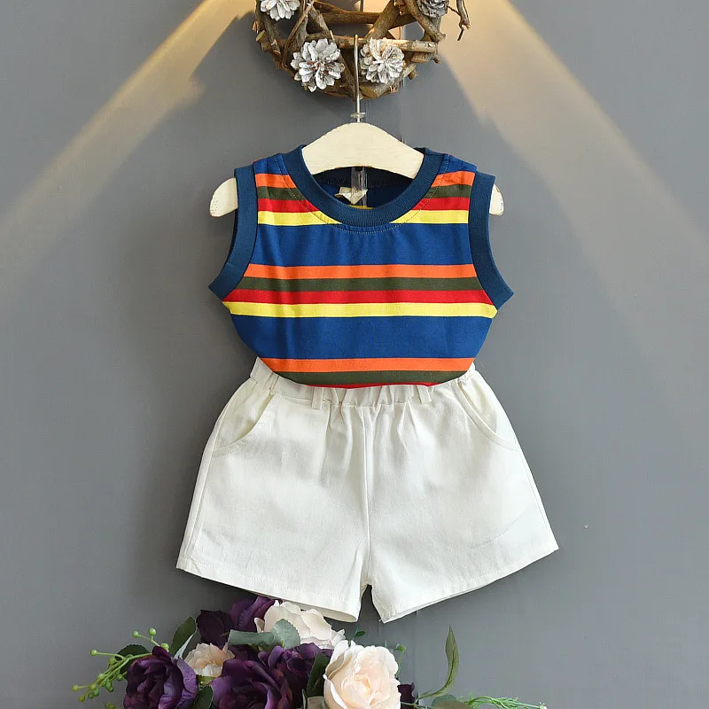2021 New Children's Clothing Girls Summer Color Striped Vest Shirt Cotton Loose Shorts Two-piece Trend | Мать и ребенок