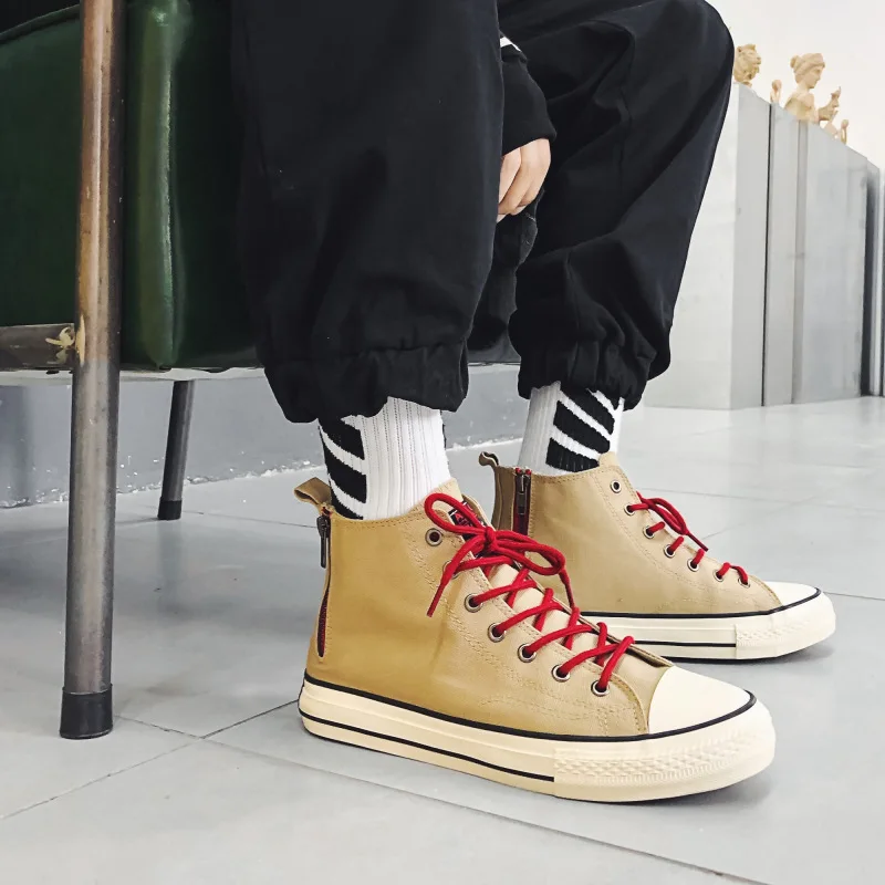 Новые весенние высокие мужские повседневные вулканизированные туфли модные дышащие парусиновые кроссовки на шнуровке удобная обувь на молнии A55-12 - Цвет: Хаки