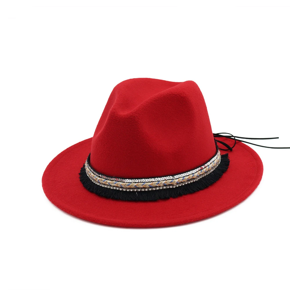 Red Модная женская шерстяная шляпа Fedora с бахрома на ленте, джазовая шляпа, Элегантная Женская Очаровательная Осенняя широкополая шляпка для церкви, размер 56-58 см - Цвет: Red