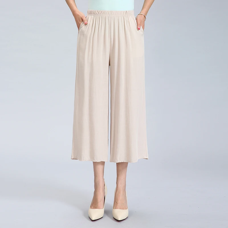 

Summer Woman Casual Cotton Linen Cropped Trouers Wide Leg High Elastic Waist Red Beige Black Green Navy Blue Crop Pants Women