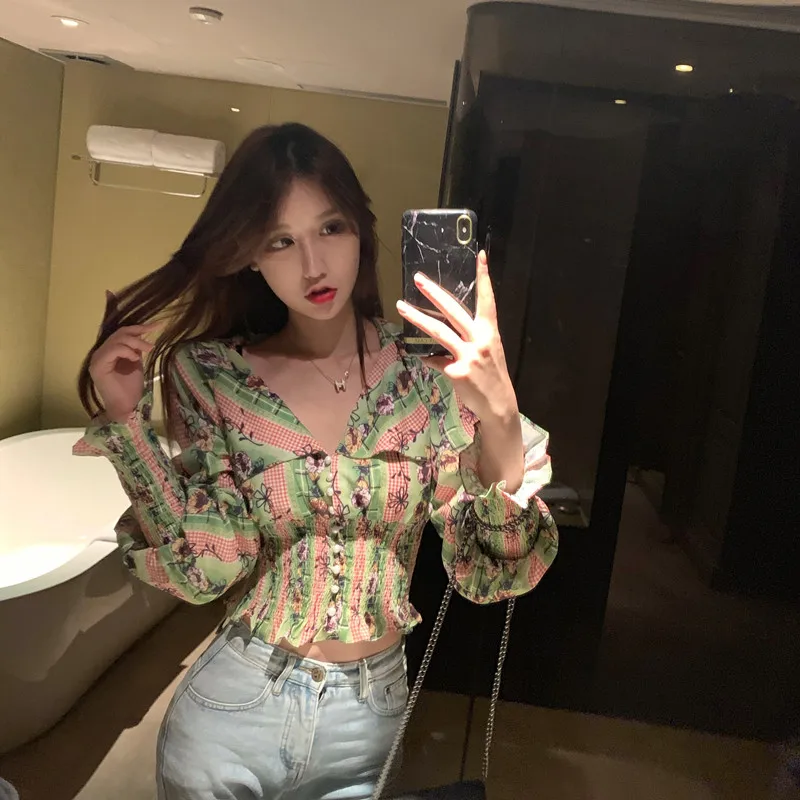 Autumn Women Shirts Lantern Sleeve Print Brief Paragraph Accept Waist Design Feeling Small Blouse Shirt White Green Yellow D5058