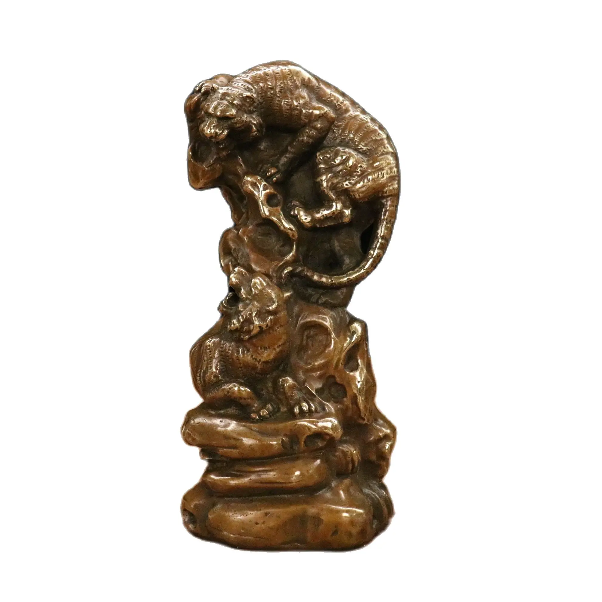

Chinese antique crafts collection old bronze 2 tiger Sculpture Length 7cm width 7cm height 17cm