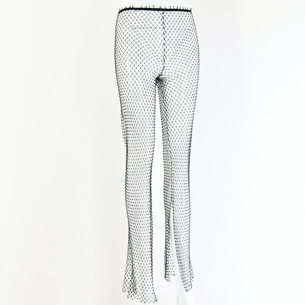 Club Crystal Leggings Fashion Sexy Hollow Out Fishnet Diamond Women Pants Shiny Wide Leg Trousers Ladies Party Leggings