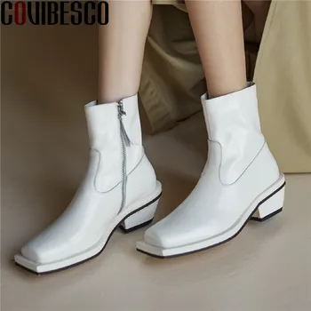 

COVIBESCO Elegant Side Zipper Ankle Boots Genuine Leather Square Toe Thick Heels Women Pumps 2020 Winter Casual Prom Shoes Woman