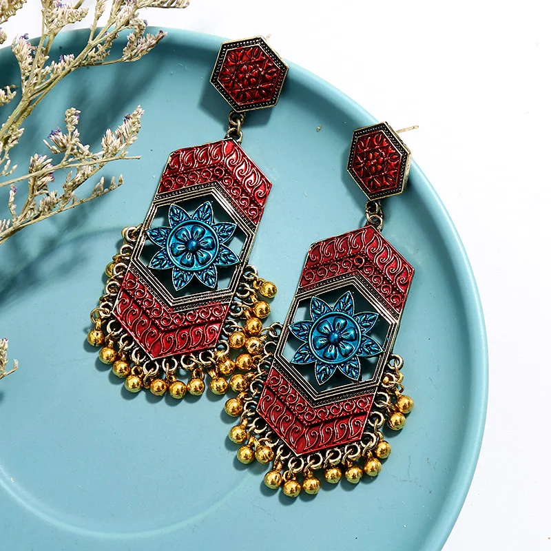 

Vintage Indian Gold Color Long Small Bell Fringed Tassel Earrings Antique Ethnic Silver Alloy Drop Earrings Jewelry Women Gift